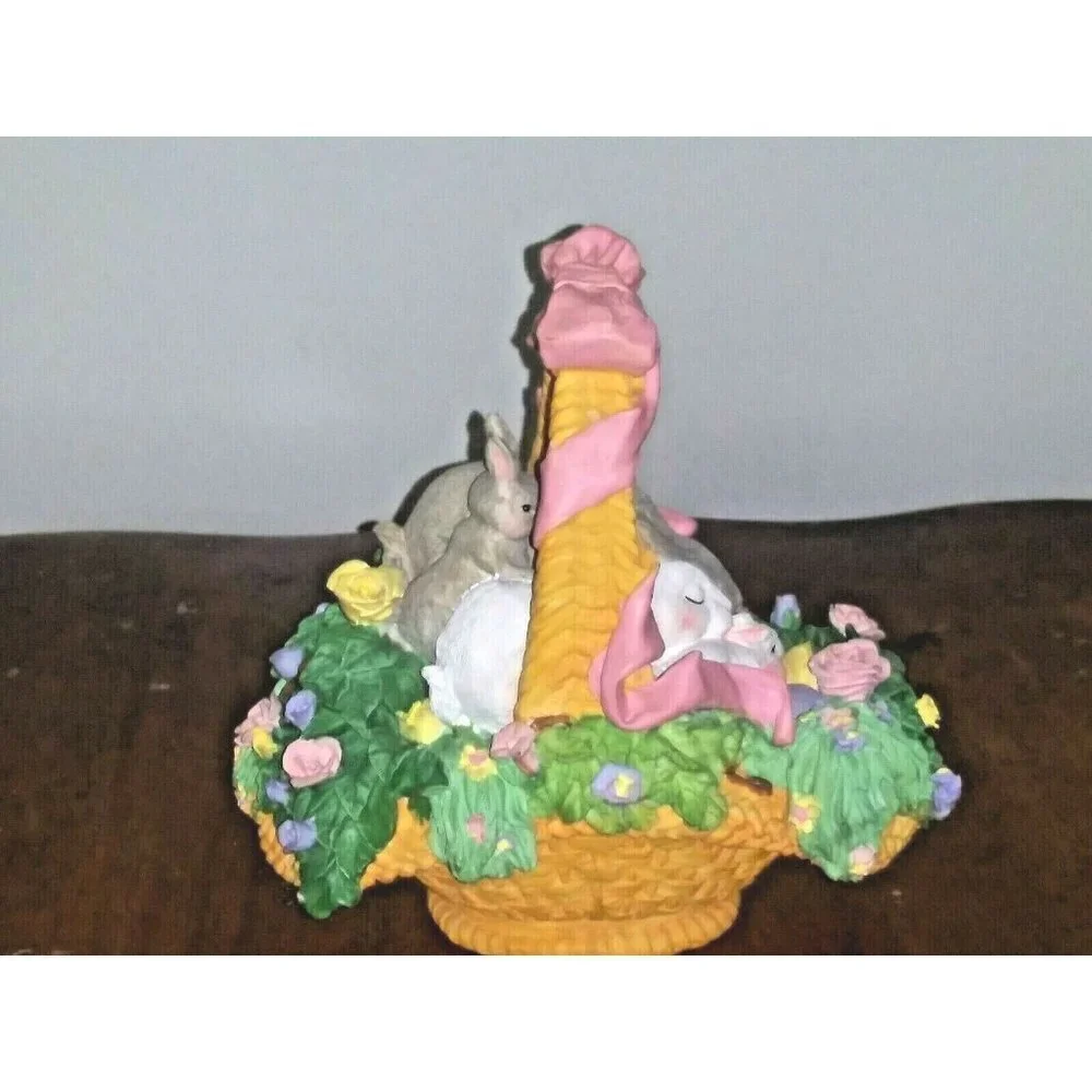 Spring Easter Garden Rabbits Bunny Bunnies in BASKET STATUE figurine resin 7.5